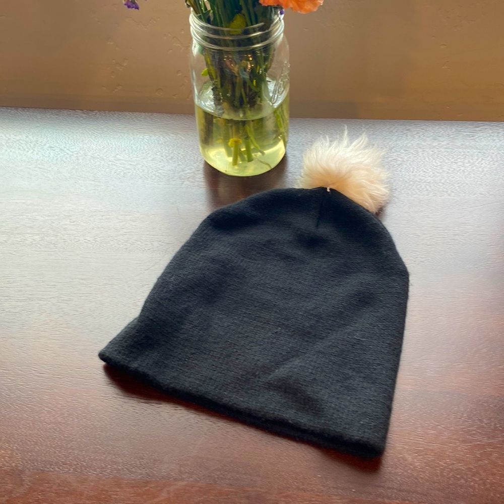 Black warm beanie with White and Grey top poof